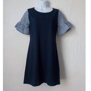 J Crew Factory Blue Mini  Dress Bell Sleeve Check Gingham Print Women XS Zip Up